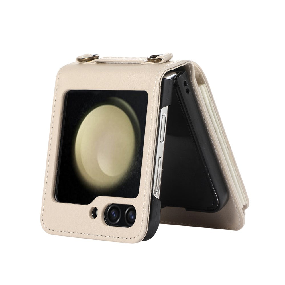 For Samsung Galaxy Z Flip7 5G Case Card Holder Ring Kickstand TPU + PU Leather Phone Cover with Long Strap - Beige