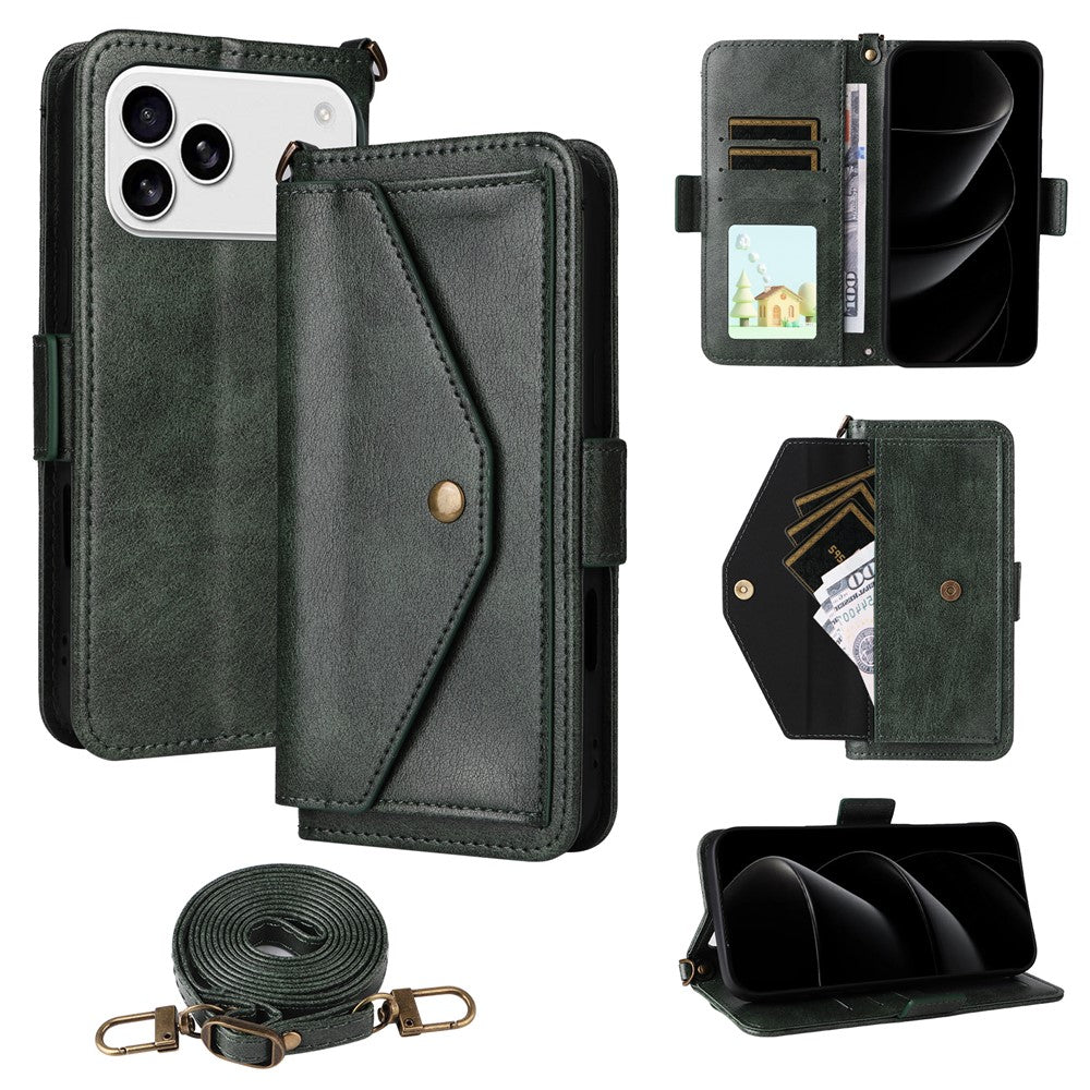 For iPhone 17 Pro Max Leather Case Magnetic Clasp Wallet Stand Phone Cover with Crossbody Strap - Green