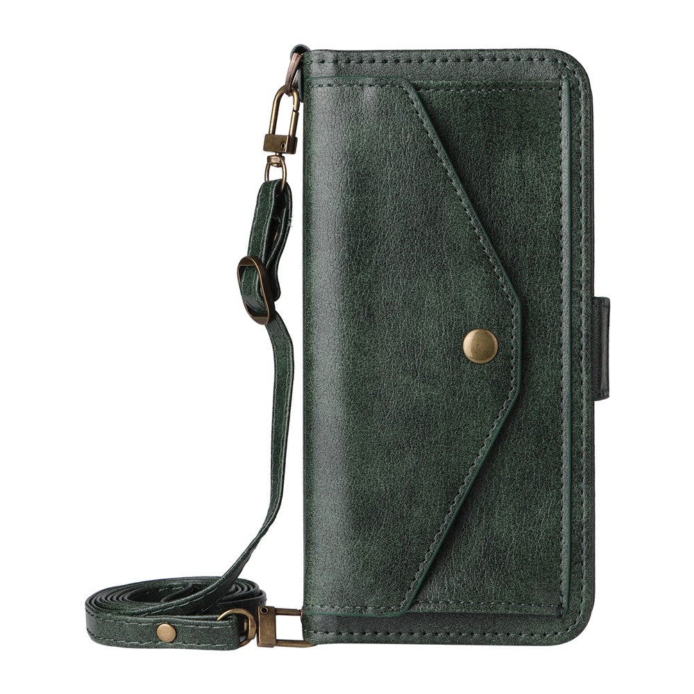 For iPhone 17 Pro Max Leather Case Magnetic Clasp Wallet Stand Phone Cover with Crossbody Strap - Green