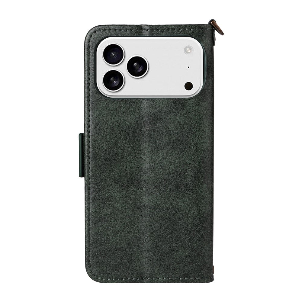 For iPhone 17 Pro Max Leather Case Magnetic Clasp Wallet Stand Phone Cover with Crossbody Strap - Green