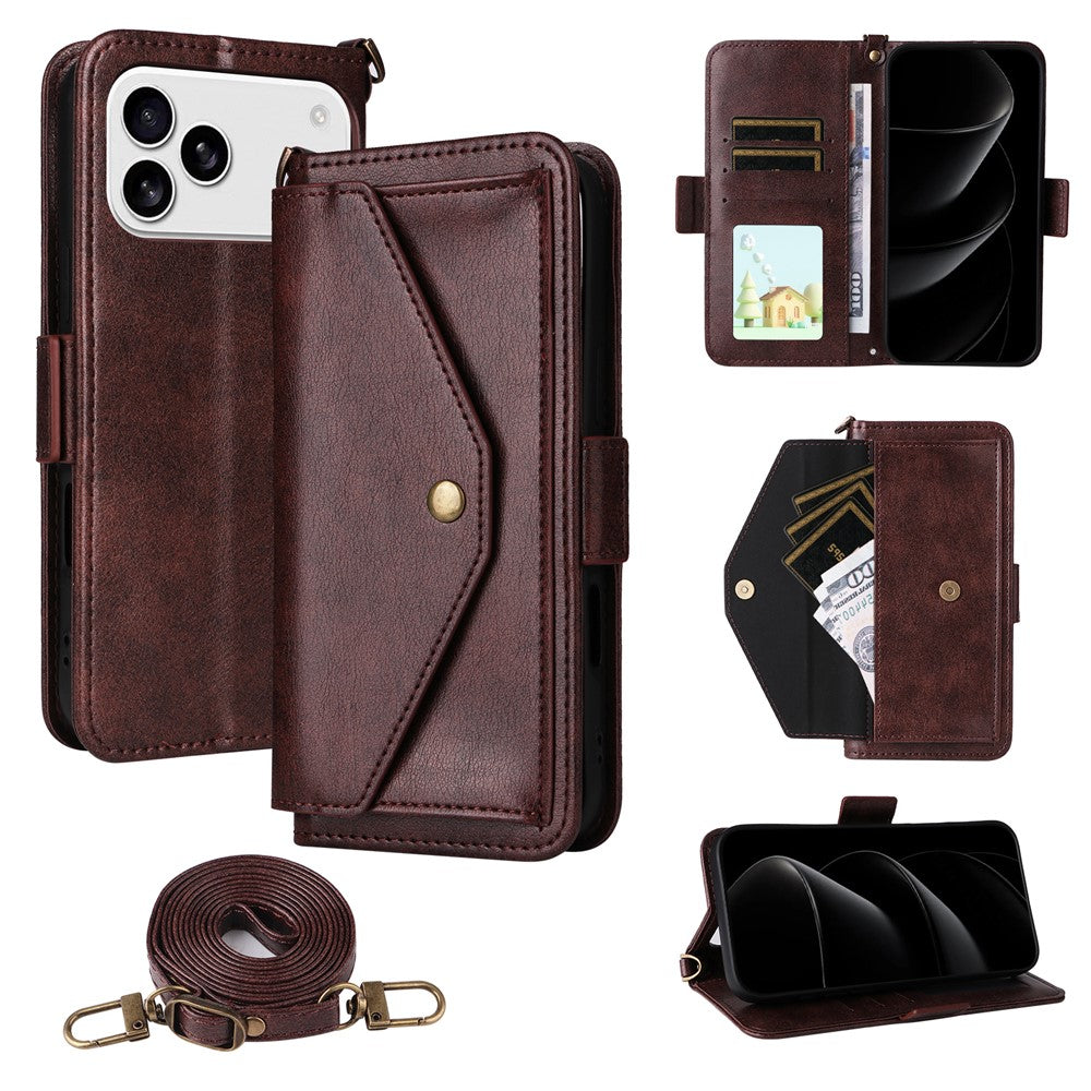 For iPhone 17 Pro Max Leather Case Magnetic Clasp Wallet Stand Phone Cover with Crossbody Strap - Brown