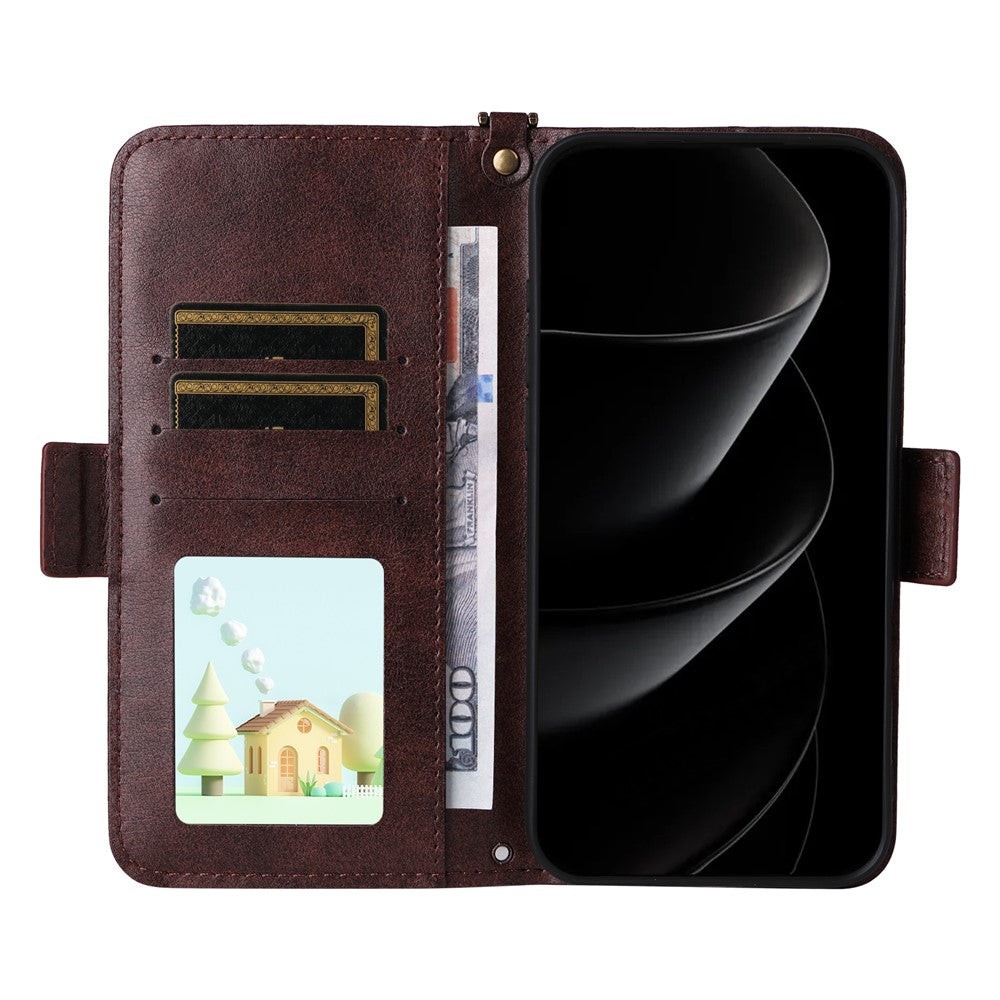 For iPhone 17 Pro Max Leather Case Magnetic Clasp Wallet Stand Phone Cover with Crossbody Strap - Brown