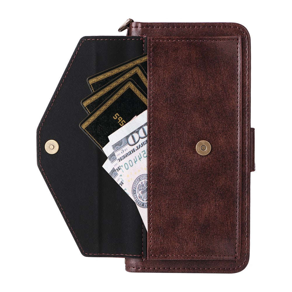 For iPhone 17 Pro Max Leather Case Magnetic Clasp Wallet Stand Phone Cover with Crossbody Strap - Brown