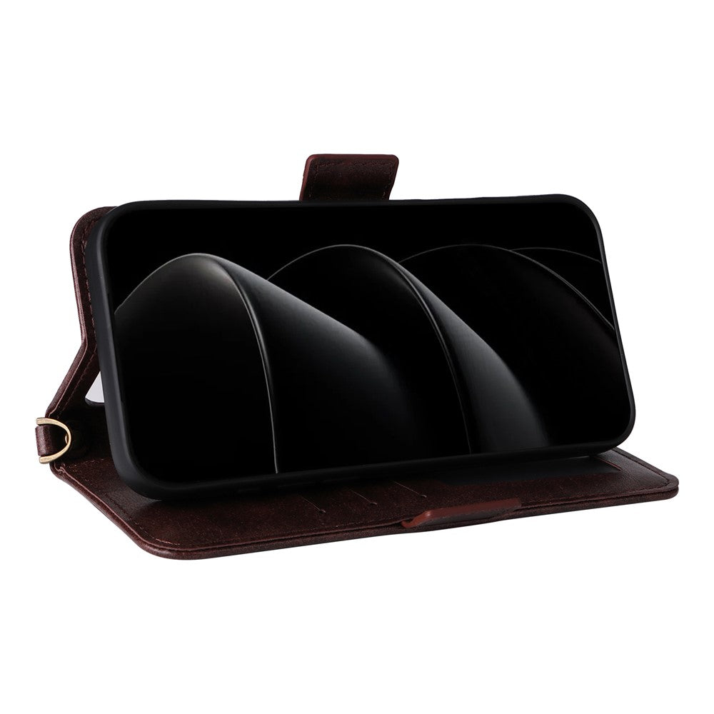 For iPhone 17 Pro Max Leather Case Magnetic Clasp Wallet Stand Phone Cover with Crossbody Strap - Brown
