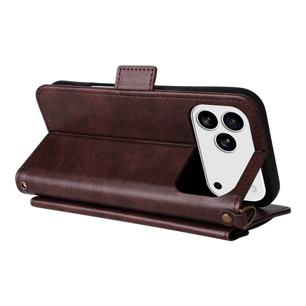 For iPhone 17 Pro Max Leather Case Magnetic Clasp Wallet Stand Phone Cover with Crossbody Strap - Brown