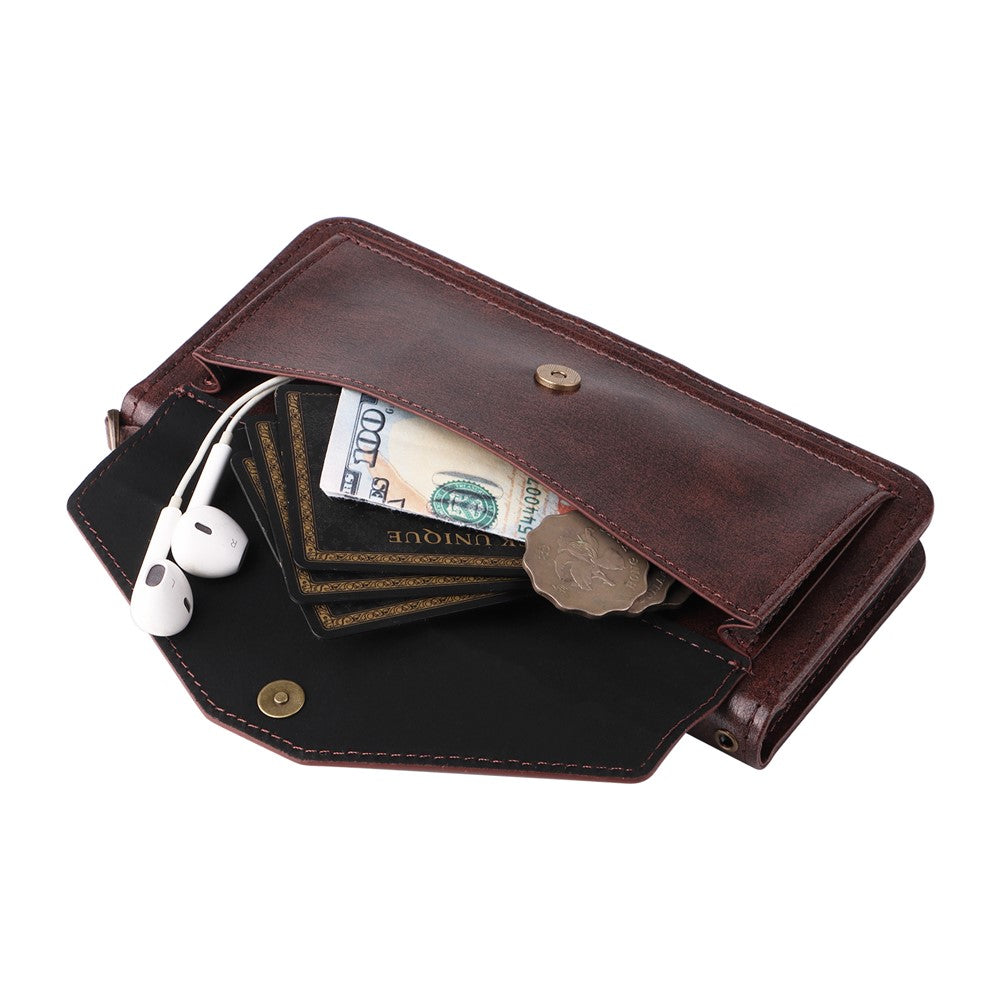 For iPhone 17 Pro Max Leather Case Magnetic Clasp Wallet Stand Phone Cover with Crossbody Strap - Brown
