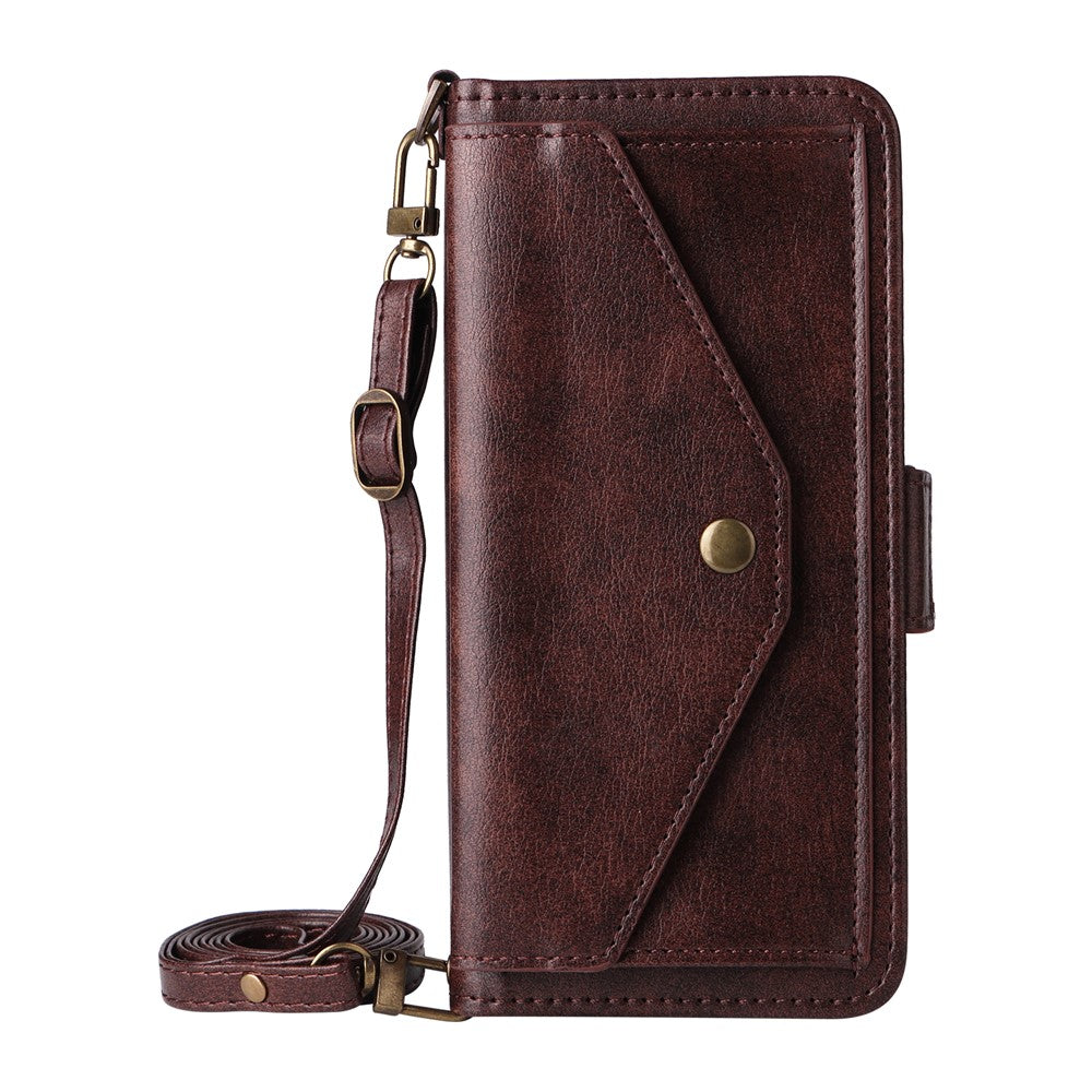 For iPhone 17 Pro Max Leather Case Magnetic Clasp Wallet Stand Phone Cover with Crossbody Strap - Brown