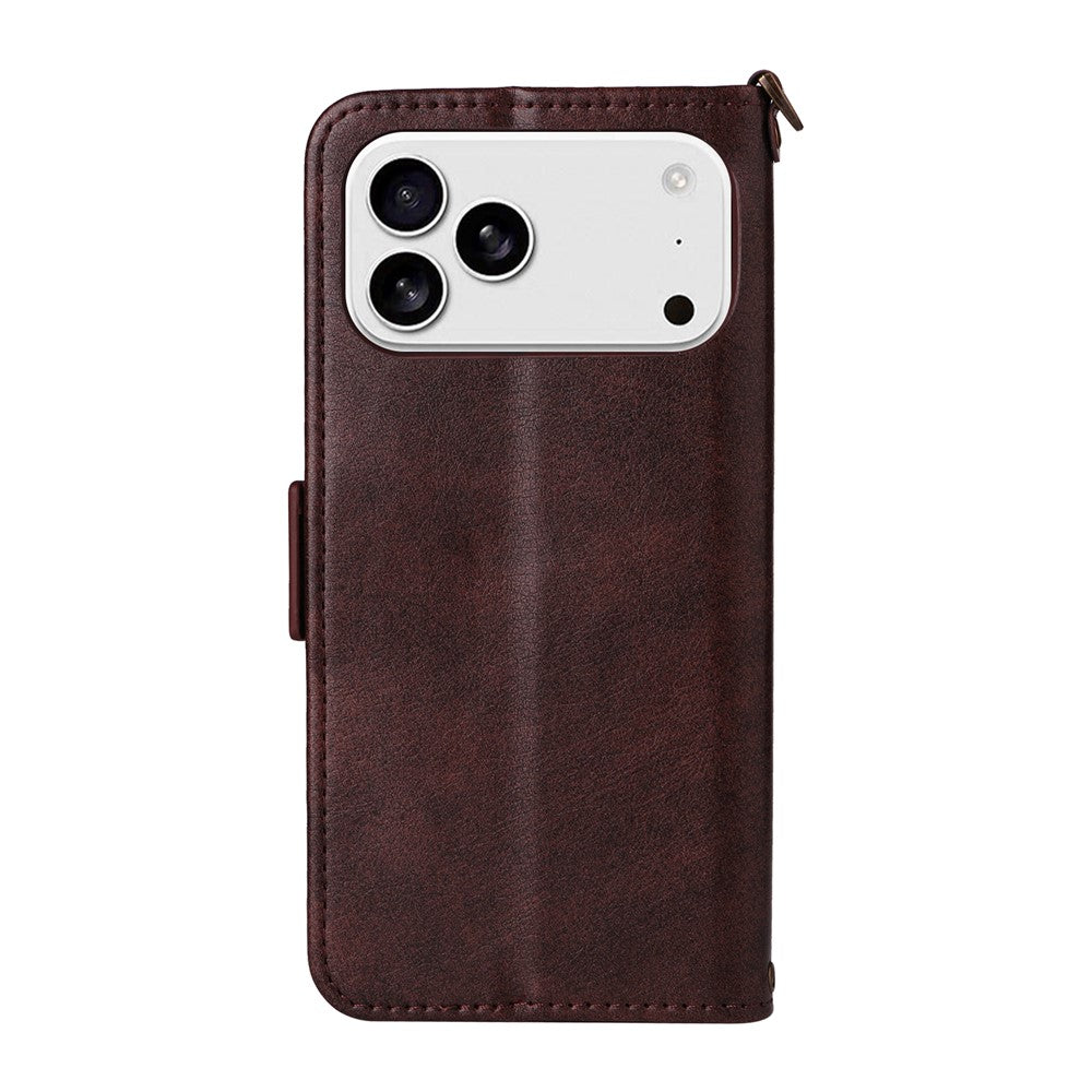 For iPhone 17 Pro Max Leather Case Magnetic Clasp Wallet Stand Phone Cover with Crossbody Strap - Brown