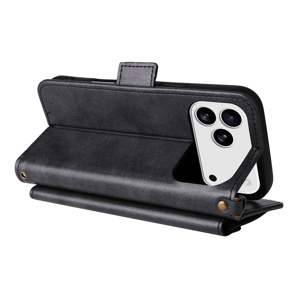 For iPhone 17 Pro Max Leather Case Magnetic Clasp Wallet Stand Phone Cover with Crossbody Strap - Black