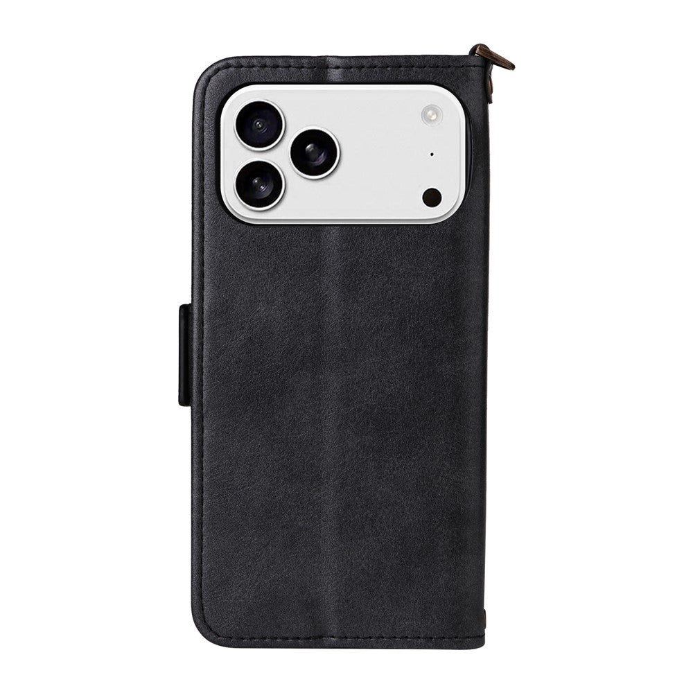 For iPhone 17 Pro Max Leather Case Magnetic Clasp Wallet Stand Phone Cover with Crossbody Strap - Black