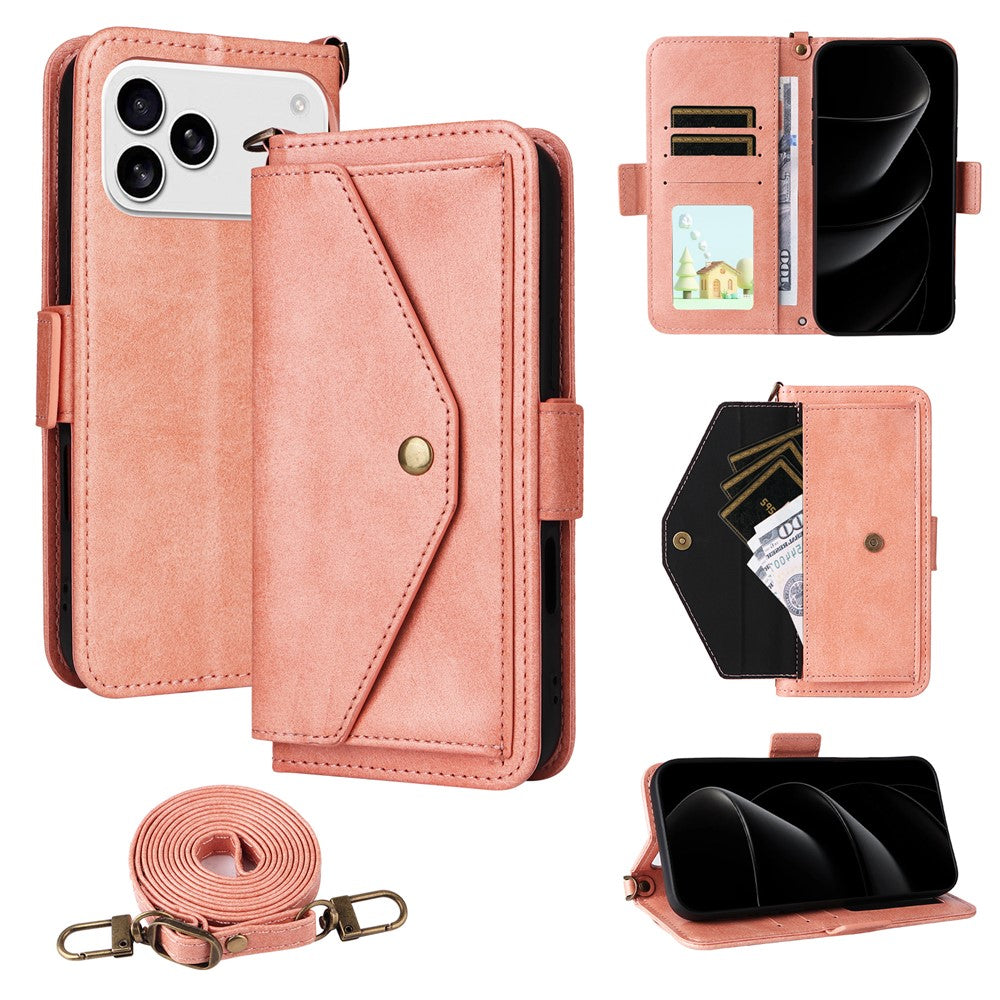 For iPhone 17 Pro Max Leather Case Magnetic Clasp Wallet Stand Phone Cover with Crossbody Strap - Pink