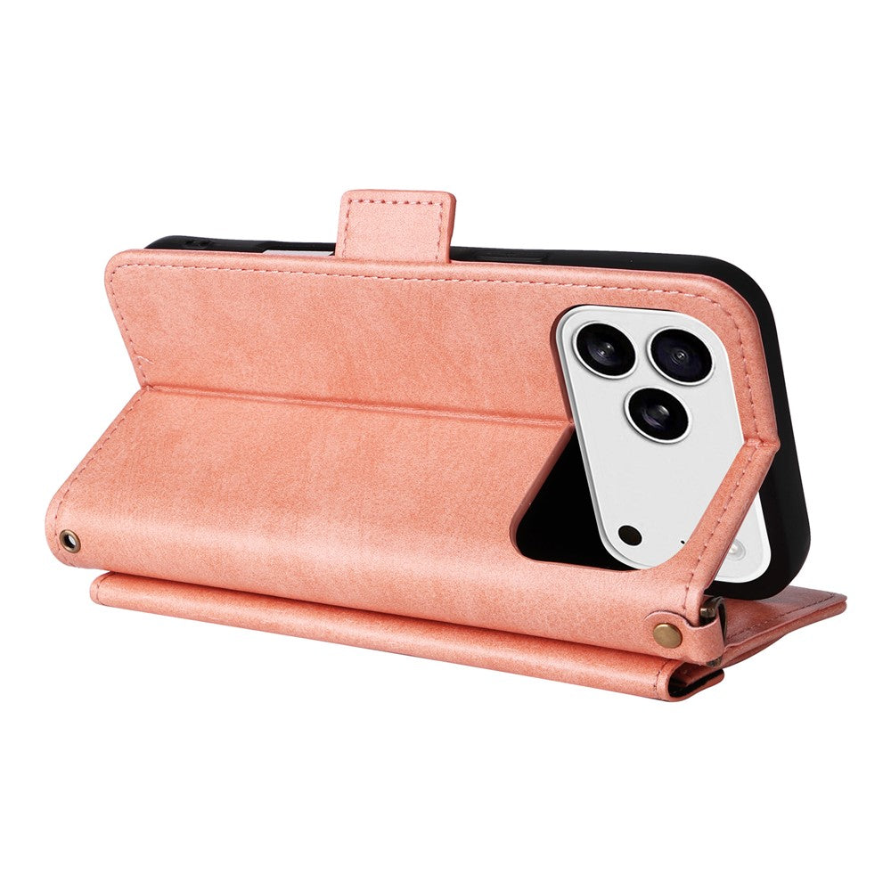 For iPhone 17 Pro Max Leather Case Magnetic Clasp Wallet Stand Phone Cover with Crossbody Strap - Pink