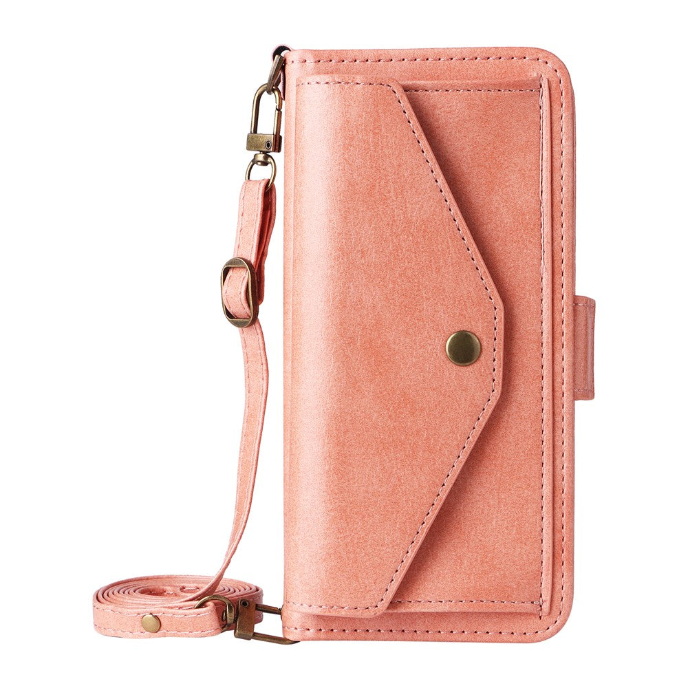 For iPhone 17 Pro Max Leather Case Magnetic Clasp Wallet Stand Phone Cover with Crossbody Strap - Pink