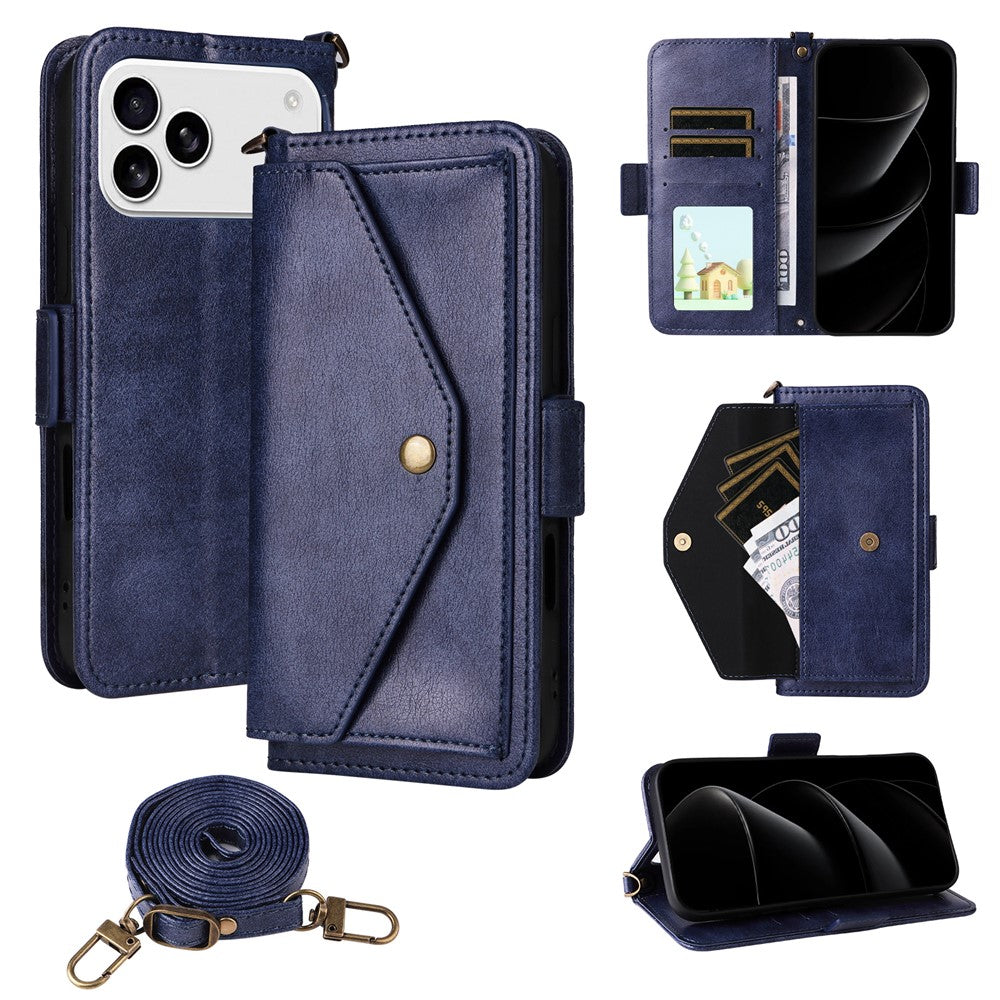 For iPhone 17 Pro Max Leather Case Magnetic Clasp Wallet Stand Phone Cover with Crossbody Strap - Blue