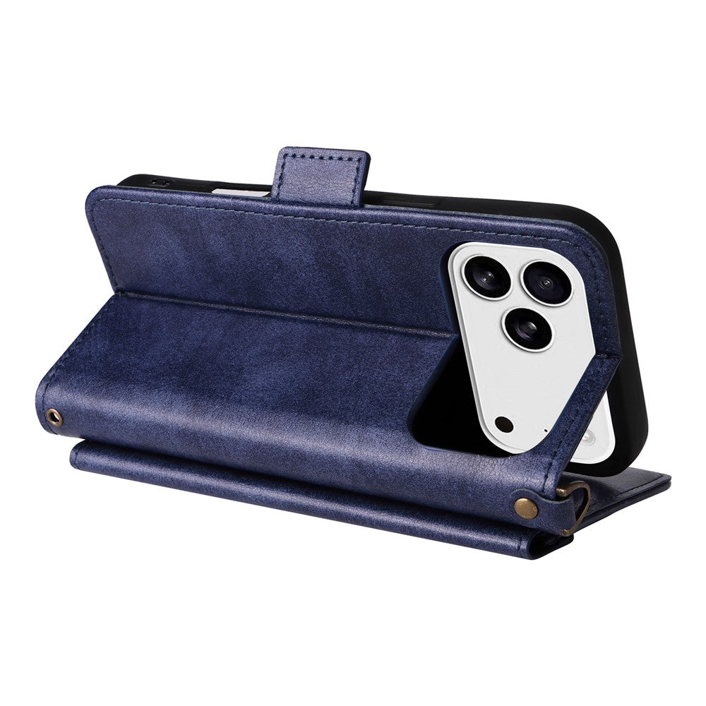 For iPhone 17 Pro Max Leather Case Magnetic Clasp Wallet Stand Phone Cover with Crossbody Strap - Blue