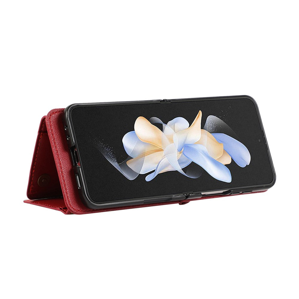 For Samsung Galaxy Z Flip7 5G Leather Back Cover Zipper Wallet Kickstand Phone Case with Shoulder Strap - Red