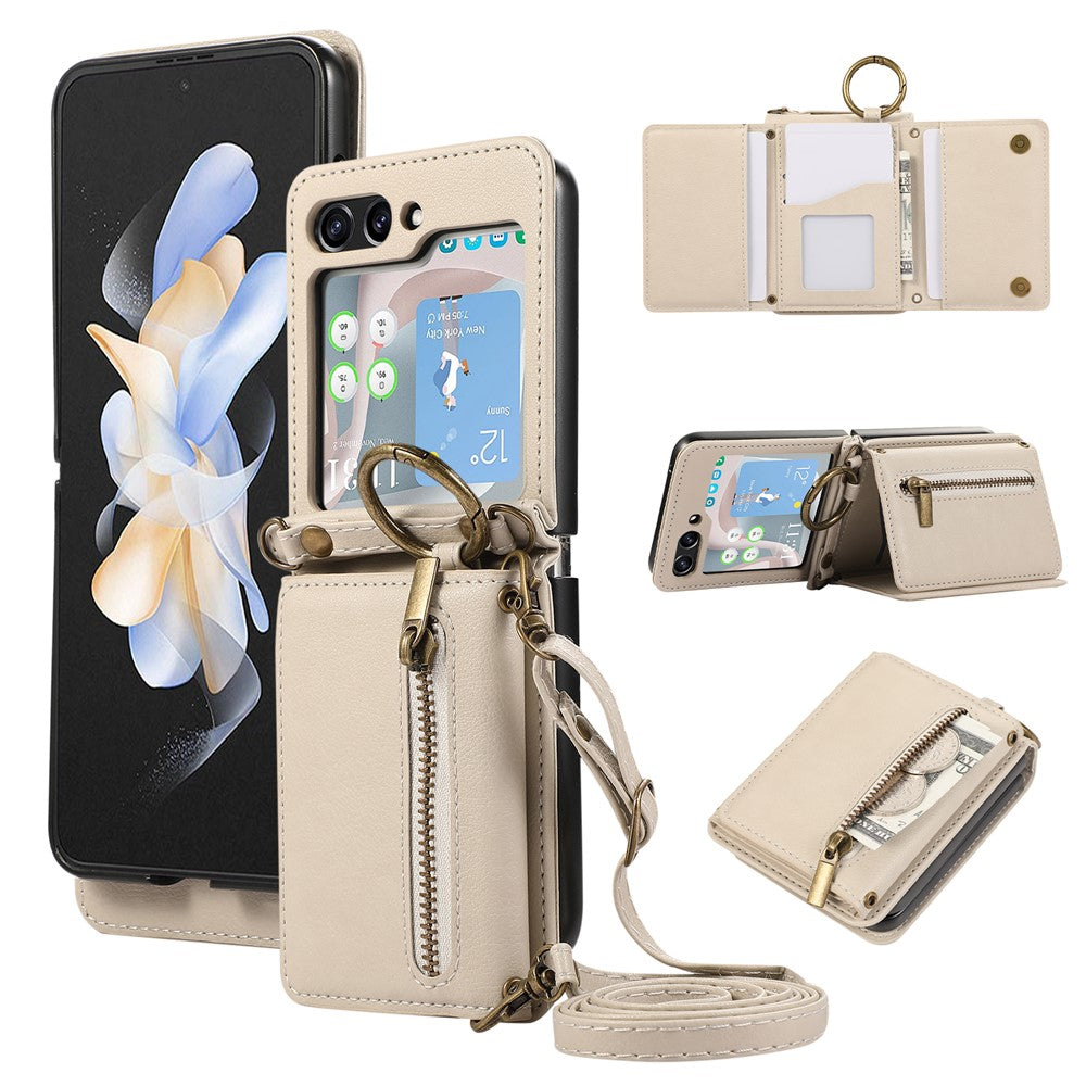 For Samsung Galaxy Z Flip7 5G Leather Back Cover Zipper Wallet Kickstand Phone Case with Shoulder Strap - Beige