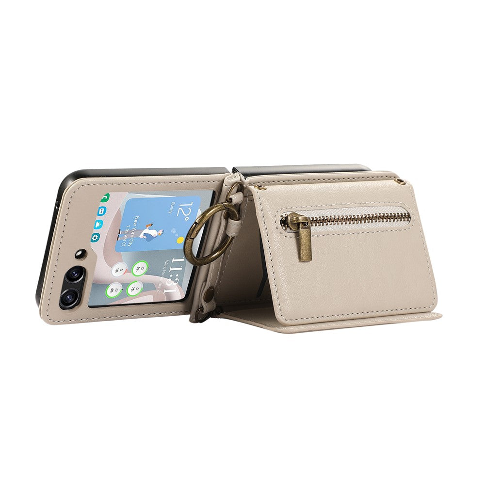 For Samsung Galaxy Z Flip7 5G Leather Back Cover Zipper Wallet Kickstand Phone Case with Shoulder Strap - Beige