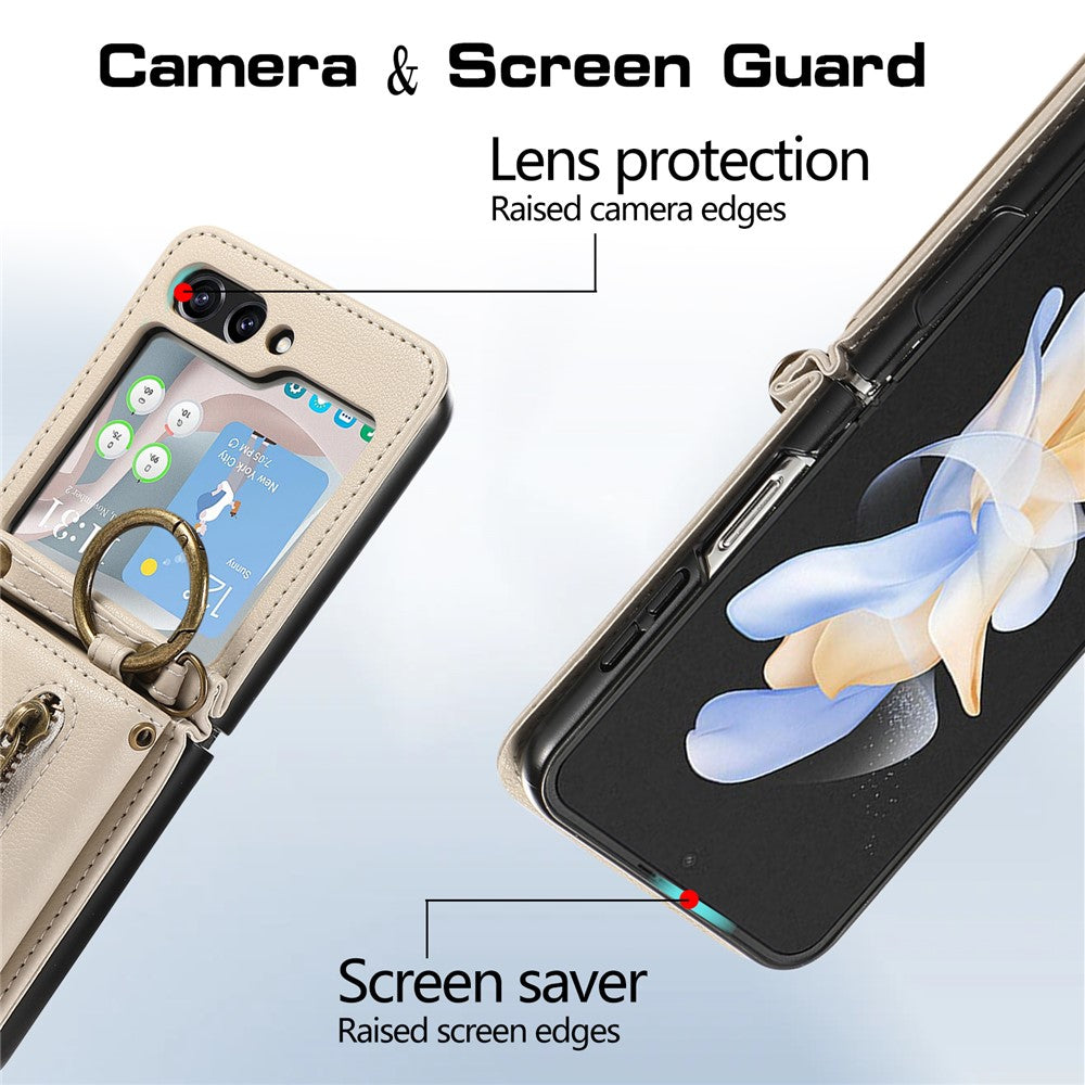 For Samsung Galaxy Z Flip7 5G Leather Back Cover Zipper Wallet Kickstand Phone Case with Shoulder Strap - Beige