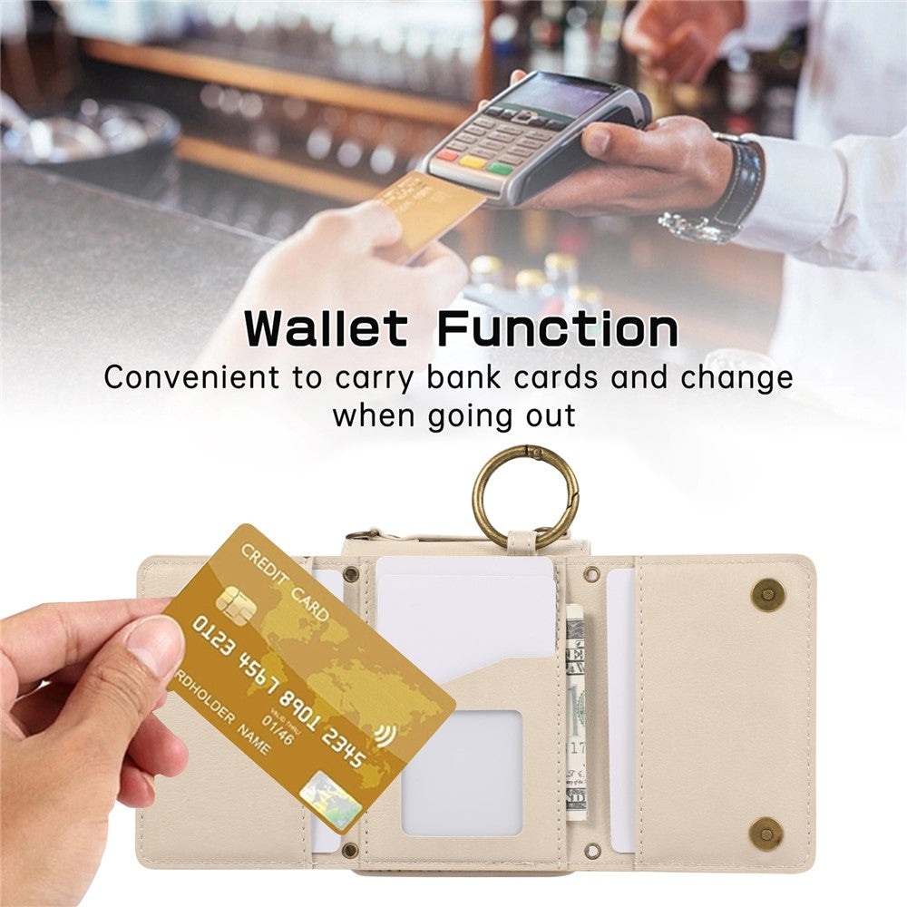 For Samsung Galaxy Z Flip7 5G Leather Back Cover Zipper Wallet Kickstand Phone Case with Shoulder Strap - Beige