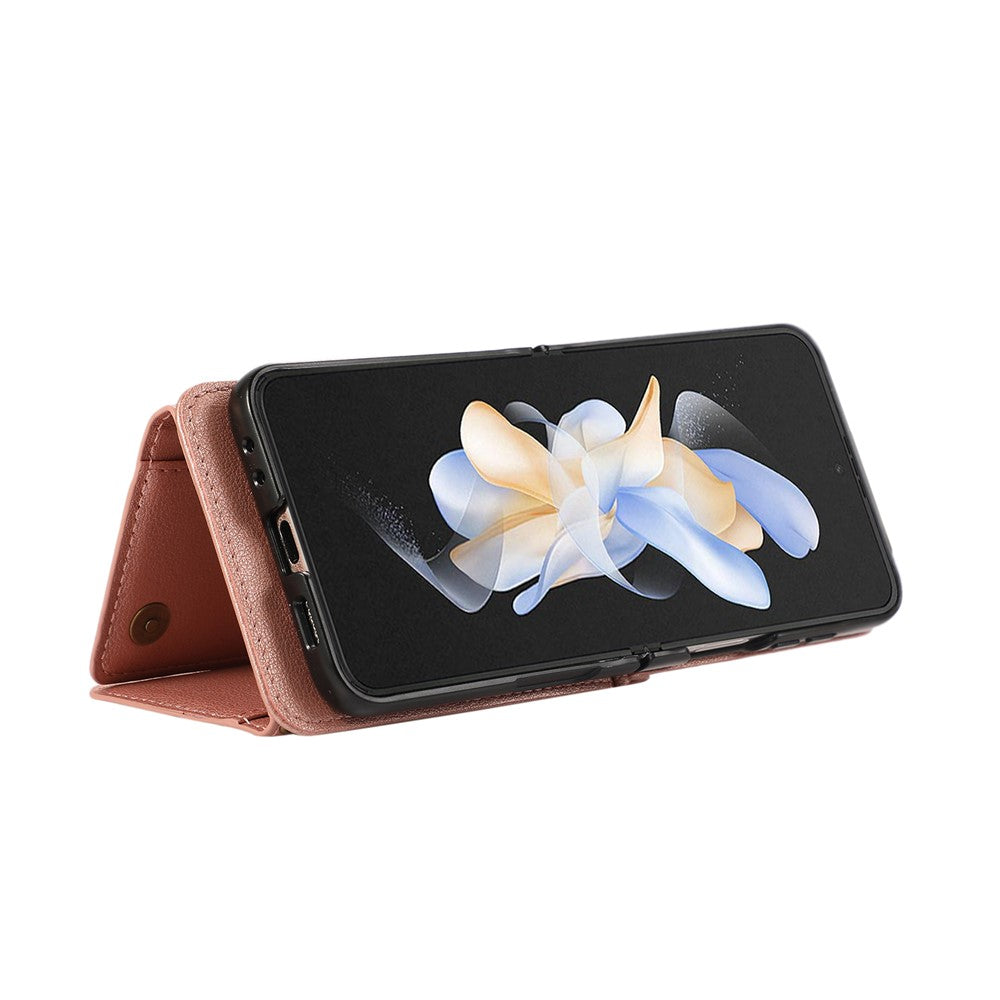 For Samsung Galaxy Z Flip7 5G Leather Back Cover Zipper Wallet Kickstand Phone Case with Shoulder Strap - Pink