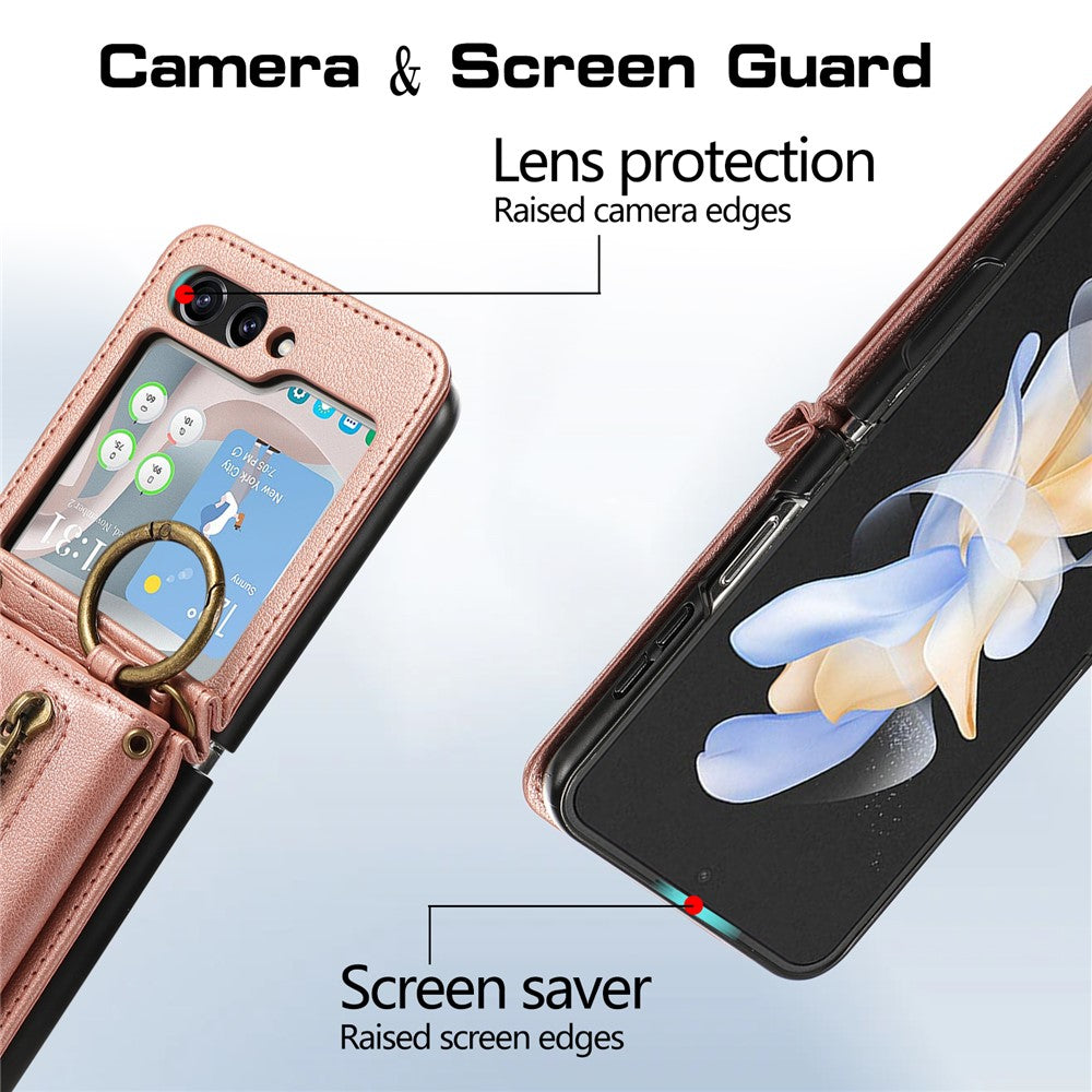 For Samsung Galaxy Z Flip7 5G Leather Back Cover Zipper Wallet Kickstand Phone Case with Shoulder Strap - Pink