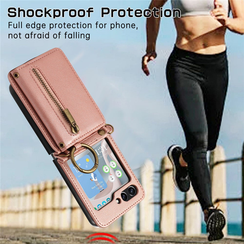For Samsung Galaxy Z Flip7 5G Leather Back Cover Zipper Wallet Kickstand Phone Case with Shoulder Strap - Pink