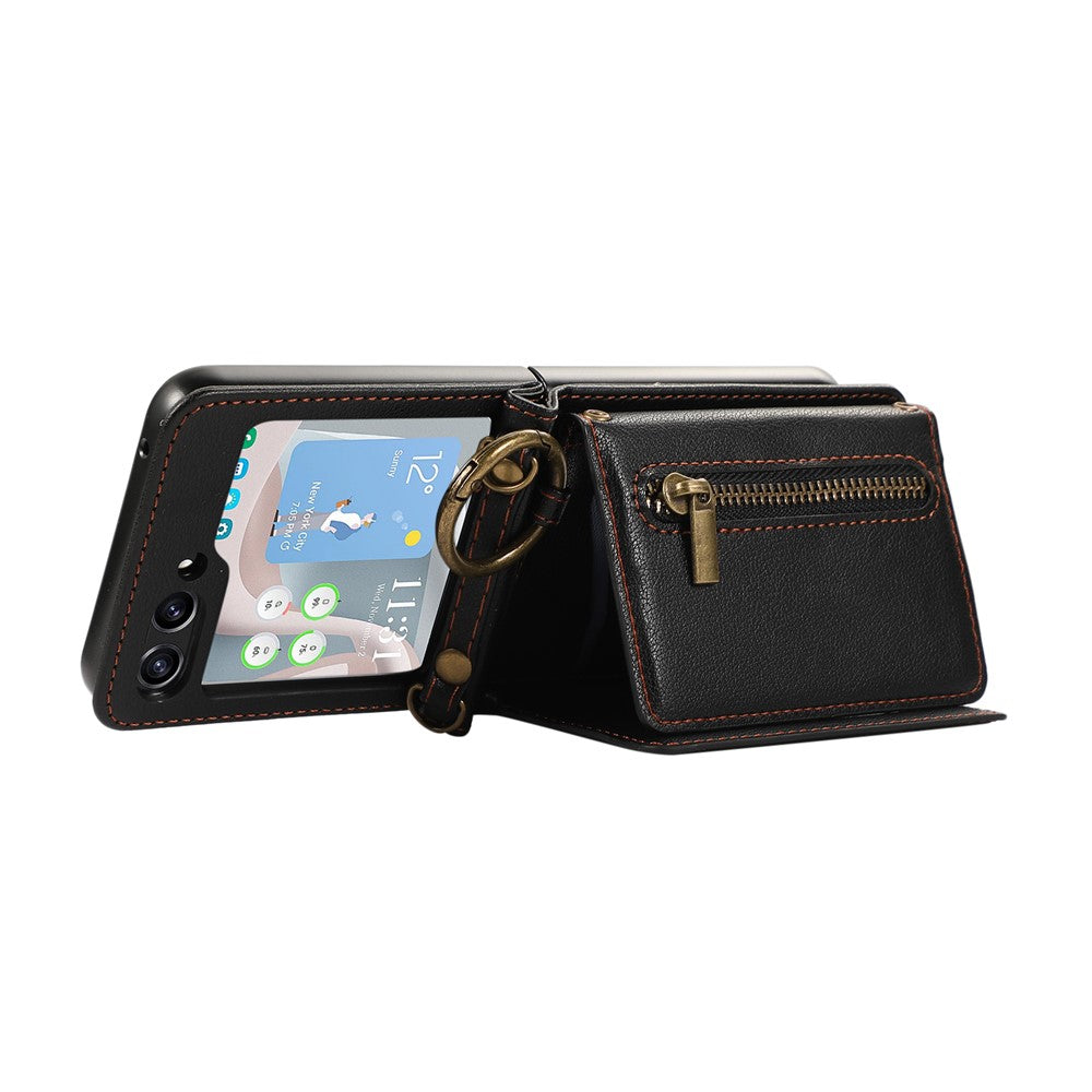 For Samsung Galaxy Z Flip7 5G Leather Back Cover Zipper Wallet Kickstand Phone Case with Shoulder Strap - Black