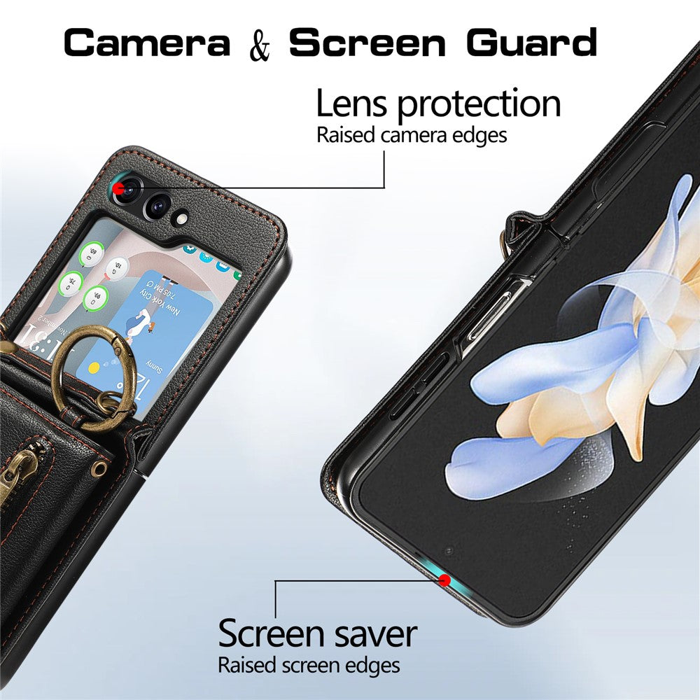 For Samsung Galaxy Z Flip7 5G Leather Back Cover Zipper Wallet Kickstand Phone Case with Shoulder Strap - Black