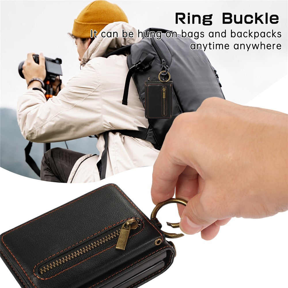 For Samsung Galaxy Z Flip7 5G Leather Back Cover Zipper Wallet Kickstand Phone Case with Shoulder Strap - Black