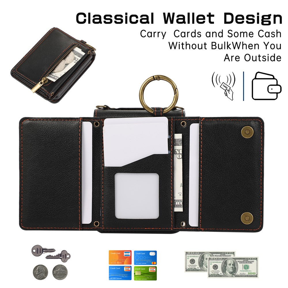 For Samsung Galaxy Z Flip7 5G Leather Back Cover Zipper Wallet Kickstand Phone Case with Shoulder Strap - Black