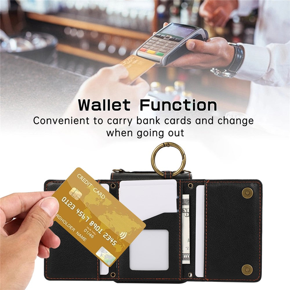 For Samsung Galaxy Z Flip7 5G Leather Back Cover Zipper Wallet Kickstand Phone Case with Shoulder Strap - Black