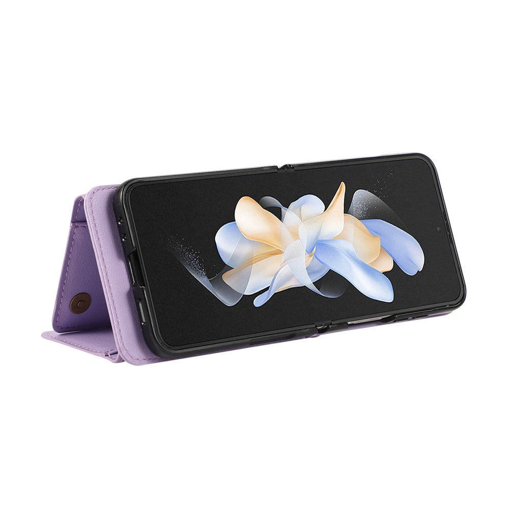 For Samsung Galaxy Z Flip7 5G Leather Back Cover Zipper Wallet Kickstand Phone Case with Shoulder Strap - Purple