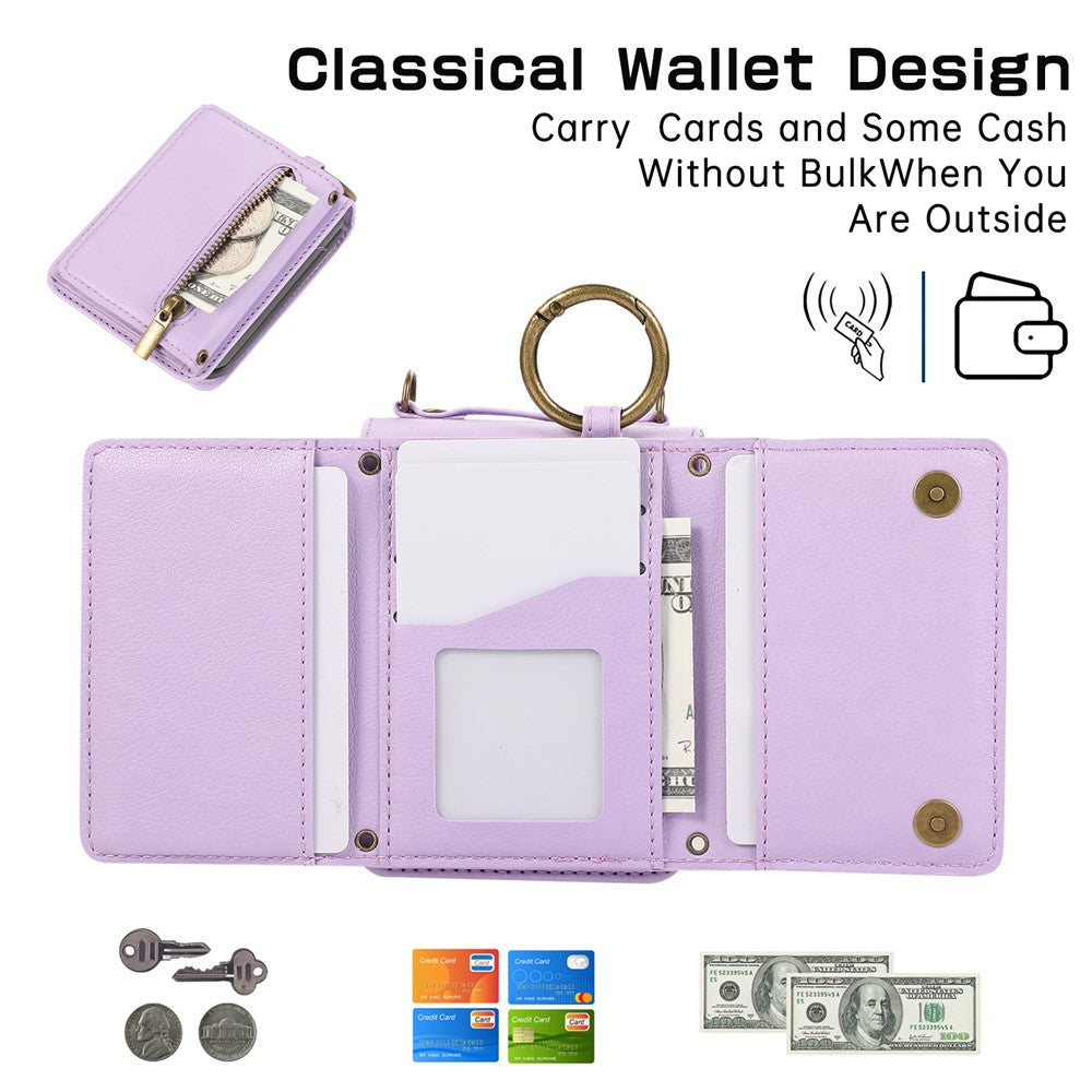 For Samsung Galaxy Z Flip7 5G Leather Back Cover Zipper Wallet Kickstand Phone Case with Shoulder Strap - Purple