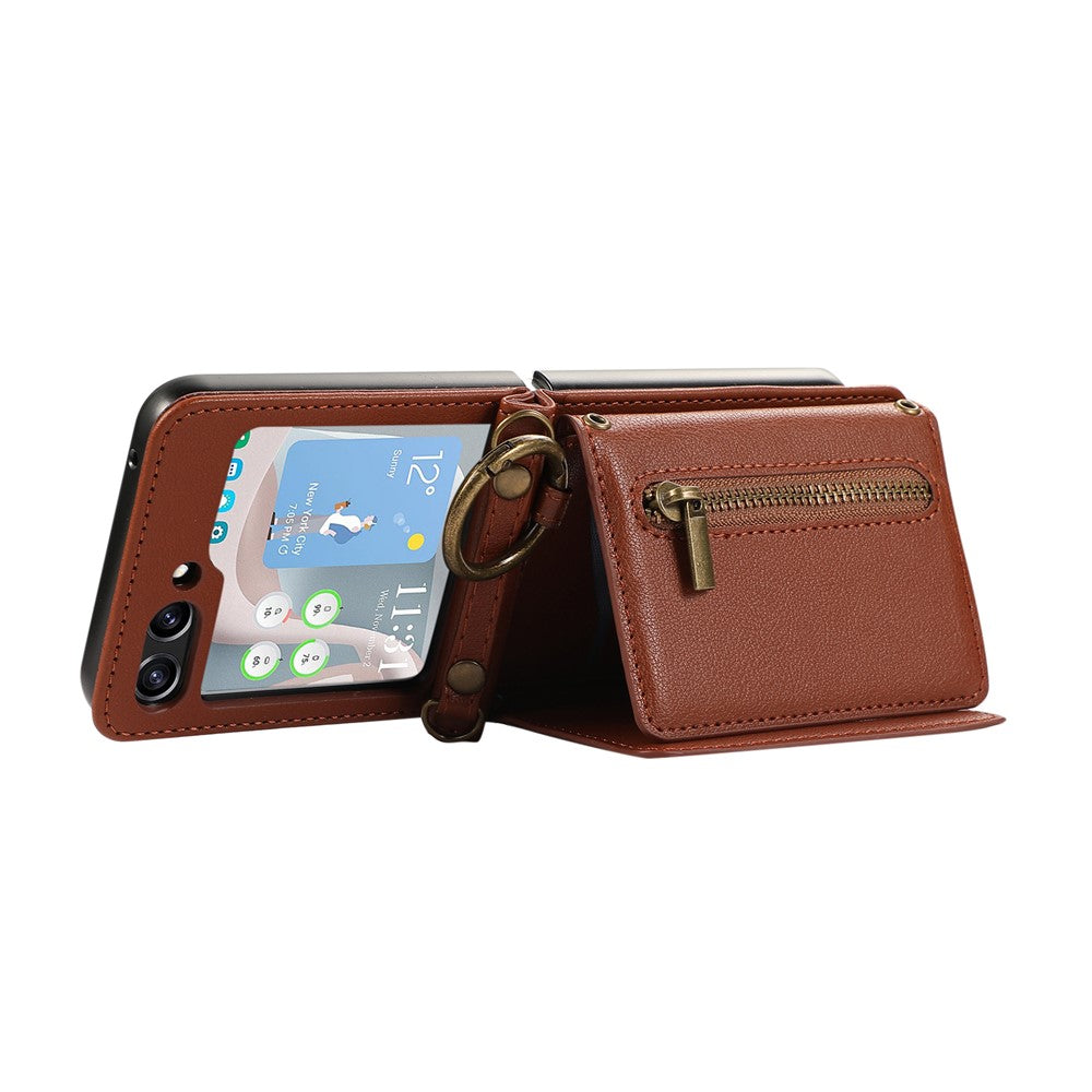 For Samsung Galaxy Z Flip7 5G Leather Back Cover Zipper Wallet Kickstand Phone Case with Shoulder Strap - Brown