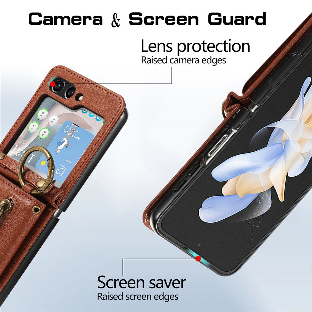 For Samsung Galaxy Z Flip7 5G Leather Back Cover Zipper Wallet Kickstand Phone Case with Shoulder Strap - Brown