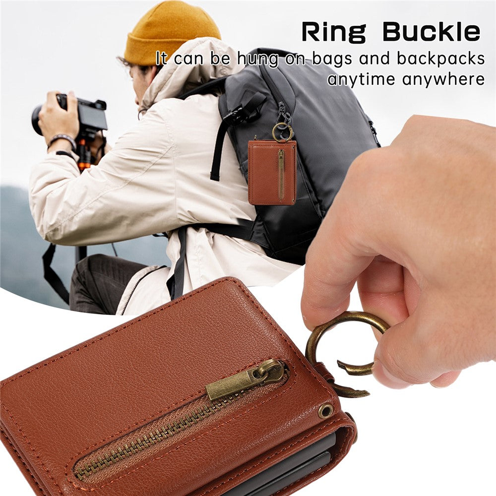 For Samsung Galaxy Z Flip7 5G Leather Back Cover Zipper Wallet Kickstand Phone Case with Shoulder Strap - Brown