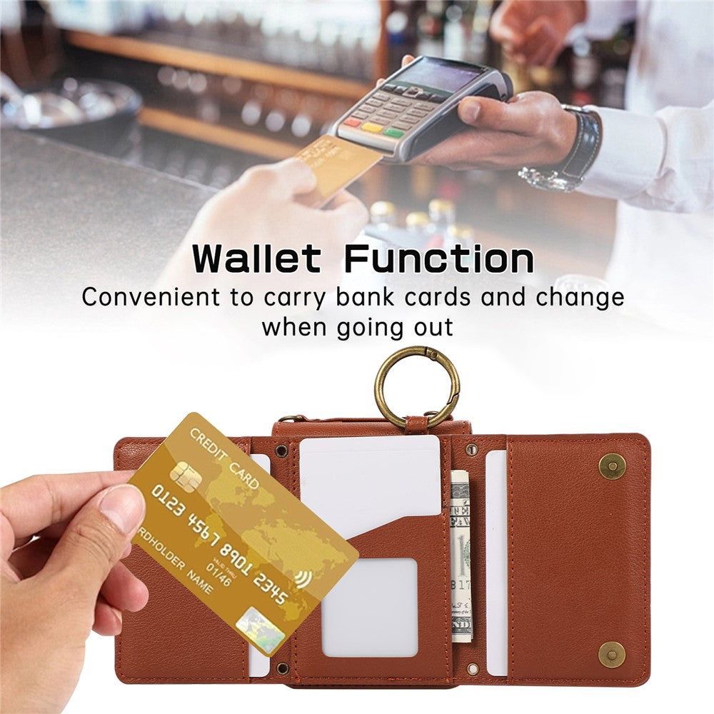 For Samsung Galaxy Z Flip7 5G Leather Back Cover Zipper Wallet Kickstand Phone Case with Shoulder Strap - Brown