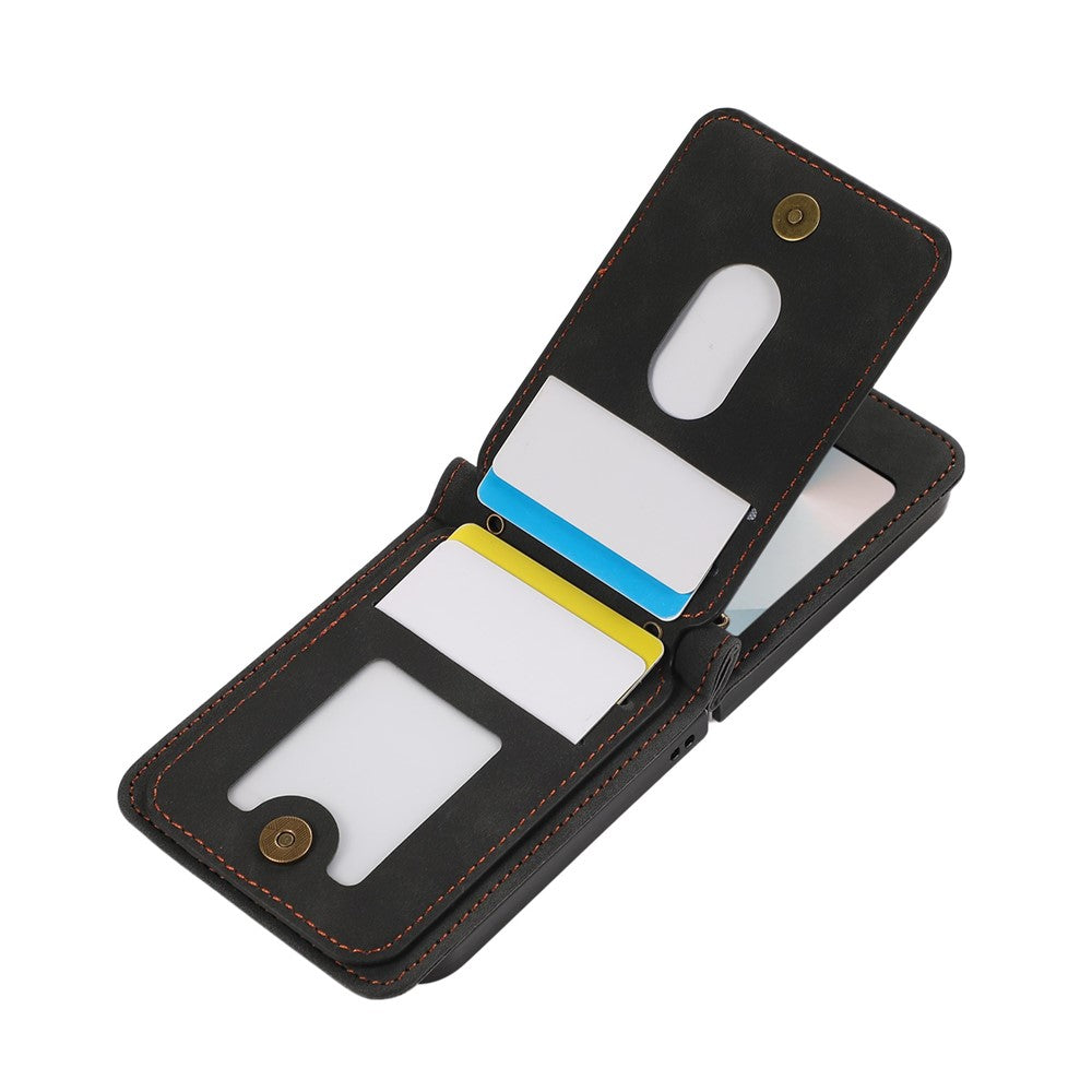 For Samsung Galaxy Z Flip7 5G Case Card Holder Kickstand Leather + TPU Phone Cover with Shoulder Strap - Black