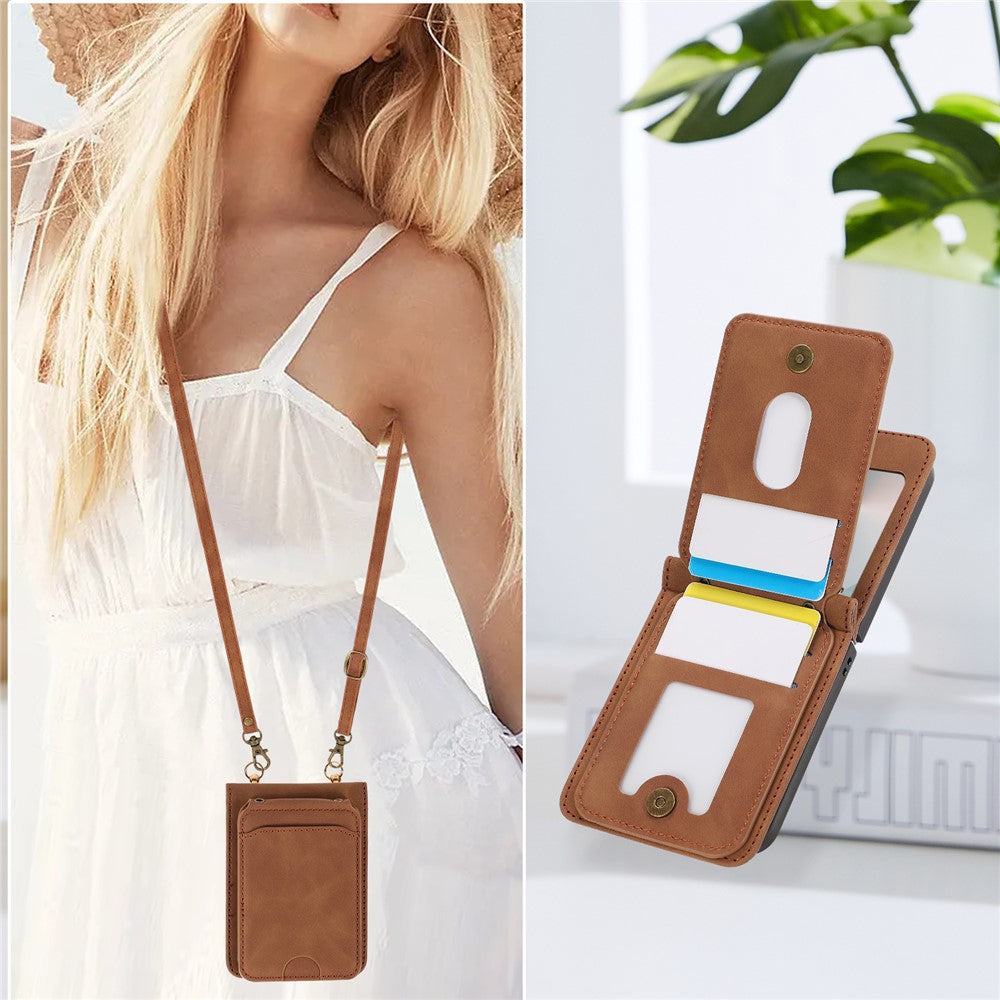 For Samsung Galaxy Z Flip7 5G Case Card Holder Kickstand Leather + TPU Phone Cover with Shoulder Strap - Brown