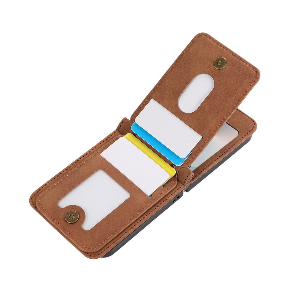 For Samsung Galaxy Z Flip7 5G Case Card Holder Kickstand Leather + TPU Phone Cover with Shoulder Strap - Brown