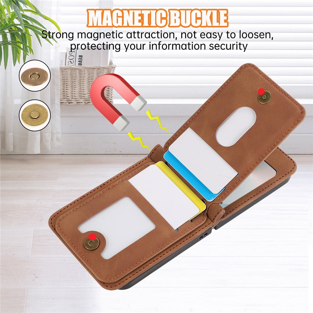 For Samsung Galaxy Z Flip7 5G Case Card Holder Kickstand Leather + TPU Phone Cover with Shoulder Strap - Brown
