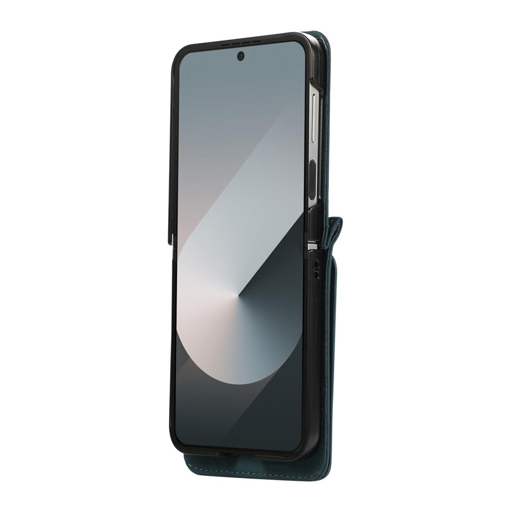 For Samsung Galaxy Z Flip7 5G Case Card Holder Kickstand Leather + TPU Phone Cover with Shoulder Strap - Green