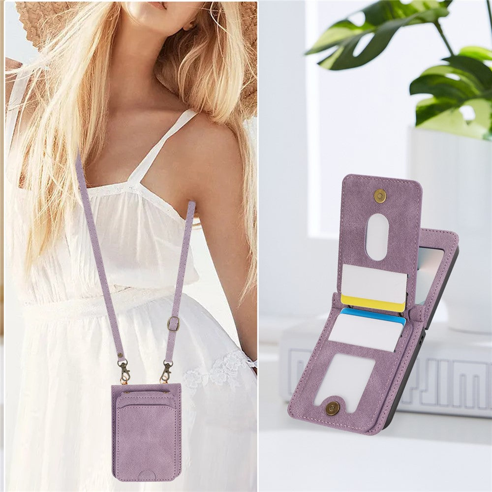 For Samsung Galaxy Z Flip7 5G Case Card Holder Kickstand Leather + TPU Phone Cover with Shoulder Strap - Purple