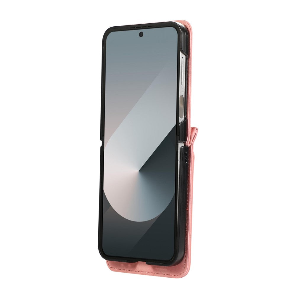 For Samsung Galaxy Z Flip7 5G Case Card Holder Kickstand Leather + TPU Phone Cover with Shoulder Strap - Pink