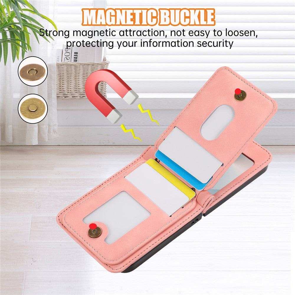 For Samsung Galaxy Z Flip7 5G Case Card Holder Kickstand Leather + TPU Phone Cover with Shoulder Strap - Pink