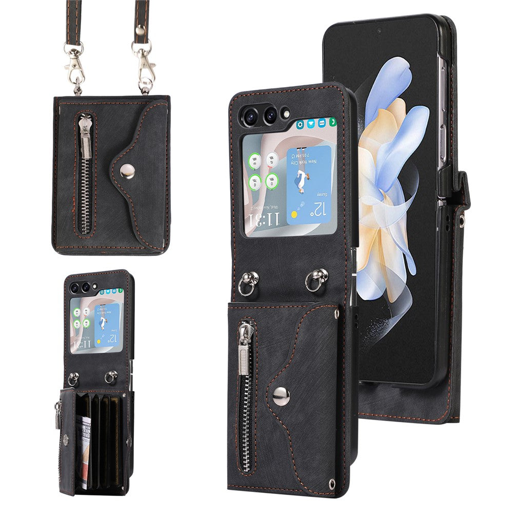 For Samsung Galaxy Z Flip7 5G Cell Phone Case PU Leather + TPU RFID Blocking Card Slots Cover with 2 Straps - Black