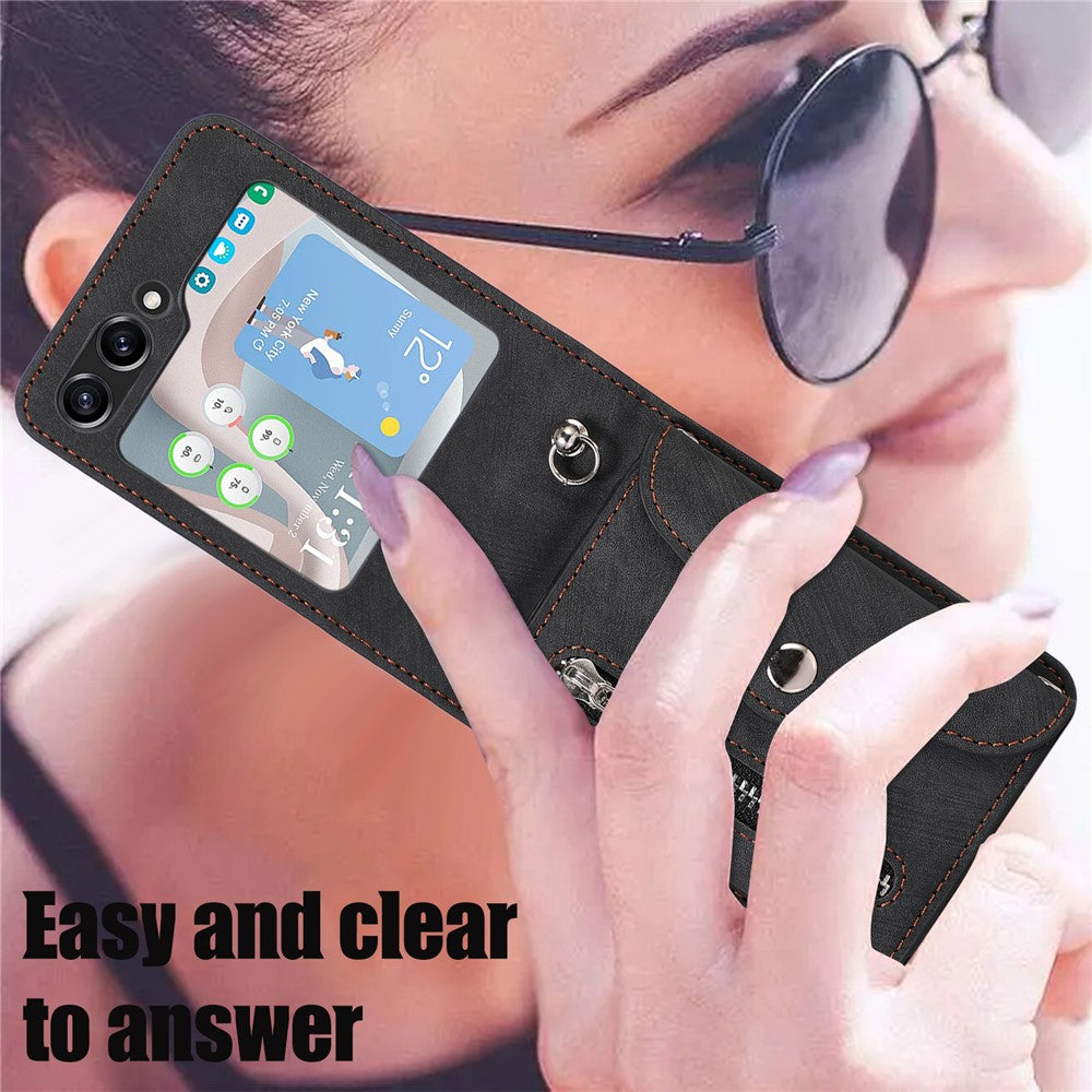 For Samsung Galaxy Z Flip7 5G Cell Phone Case PU Leather + TPU RFID Blocking Card Slots Cover with 2 Straps - Black