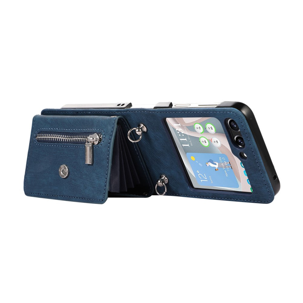 For Samsung Galaxy Z Flip7 5G Cell Phone Case PU Leather + TPU RFID Blocking Card Slots Cover with 2 Straps - Blue