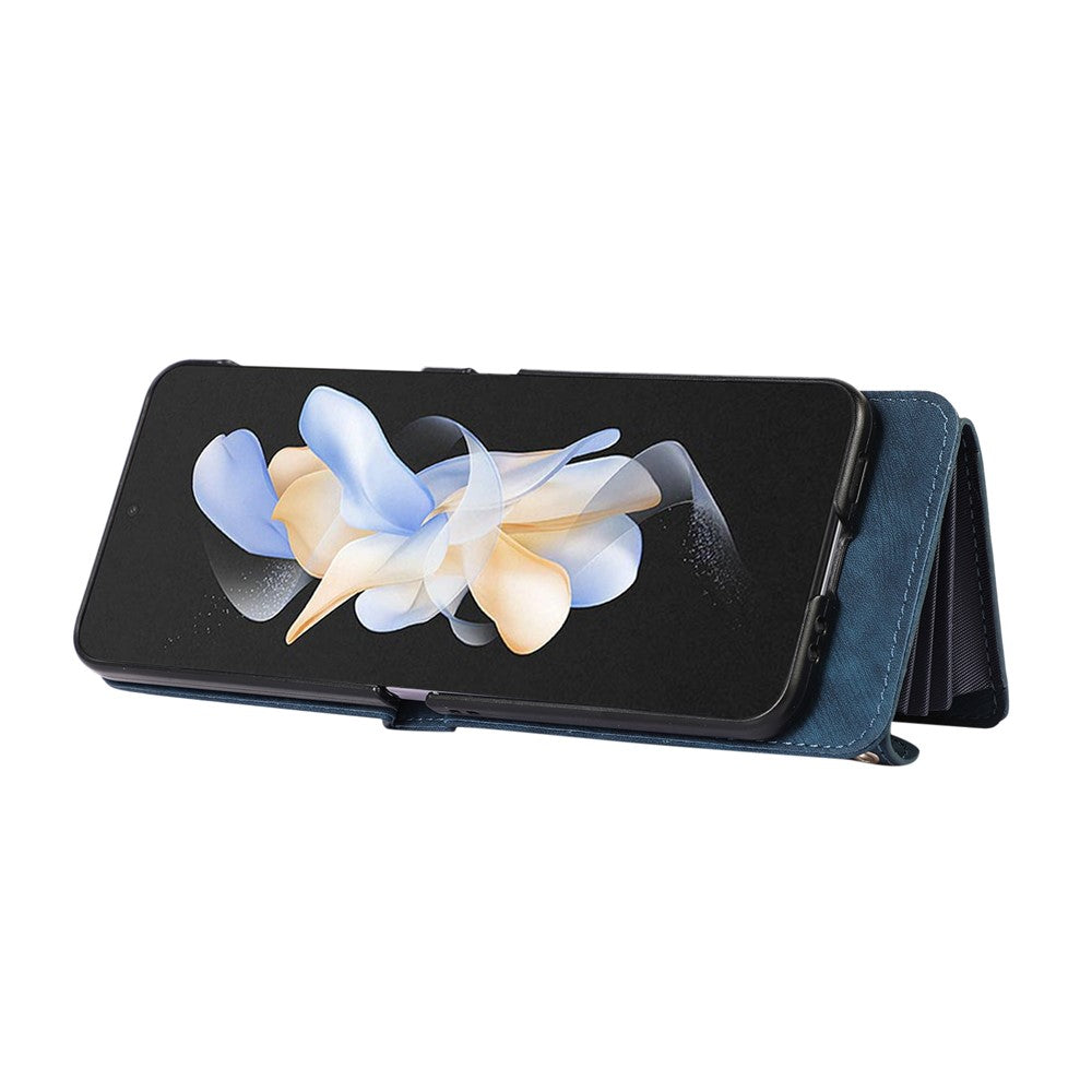 For Samsung Galaxy Z Flip7 5G Cell Phone Case PU Leather + TPU RFID Blocking Card Slots Cover with 2 Straps - Blue